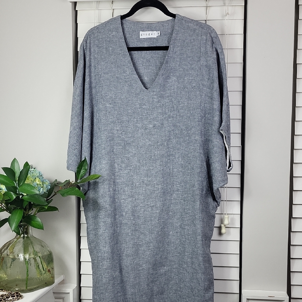 Ginger Dress Large Blue California Linen Rayon Caftan Tunic‎ Dress. Size M